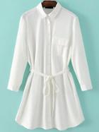 Romwe White Three Quarter Length Sleeve Self Tie Pocket Shirt Dress