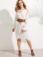 Romwe White Tassel Trim Split Sleeve High Low Dress