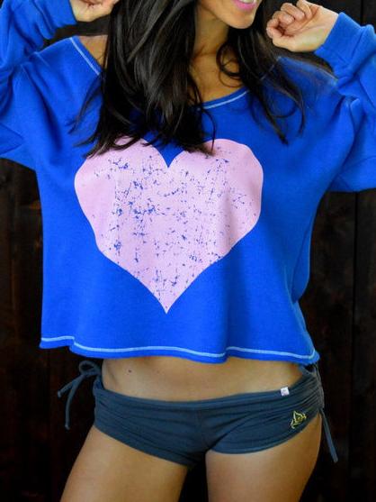 Romwe Heart Print Crop Loose Royal Blue T-shirt