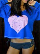 Romwe Heart Print Crop Loose Royal Blue T-shirt