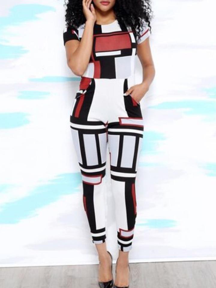 Romwe Patchwork Geometric Print Slim Jumpsuit