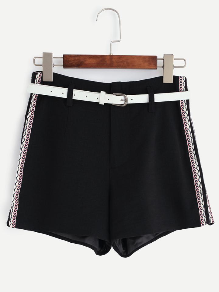 Romwe Black Belted Shorts With Embroidered Tape Detail