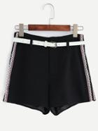 Romwe Black Belted Shorts With Embroidered Tape Detail