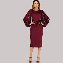 Romwe Pearls Beaded Exaggerated Bishop Sleeve Belted Dress
