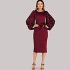 Romwe Pearls Beaded Exaggerated Bishop Sleeve Belted Dress