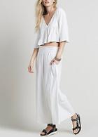 Romwe V Neck Crop Top With Elastic Waist Loose Pant