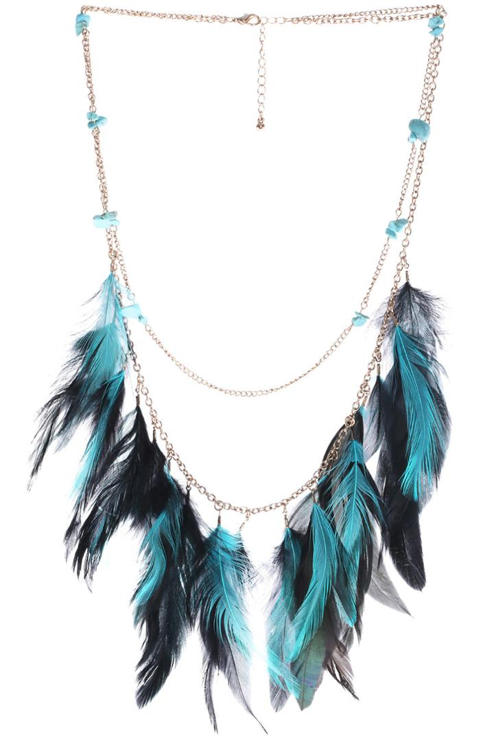 Romwe Romwe Stone & Feather Pendant Green Multi-layered Necklace