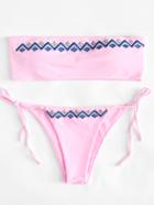 Romwe Embroidery Bandeau Tie Side Bikini Set