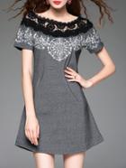 Romwe Black Grey Crochet Hollow Out Embroidered Dress
