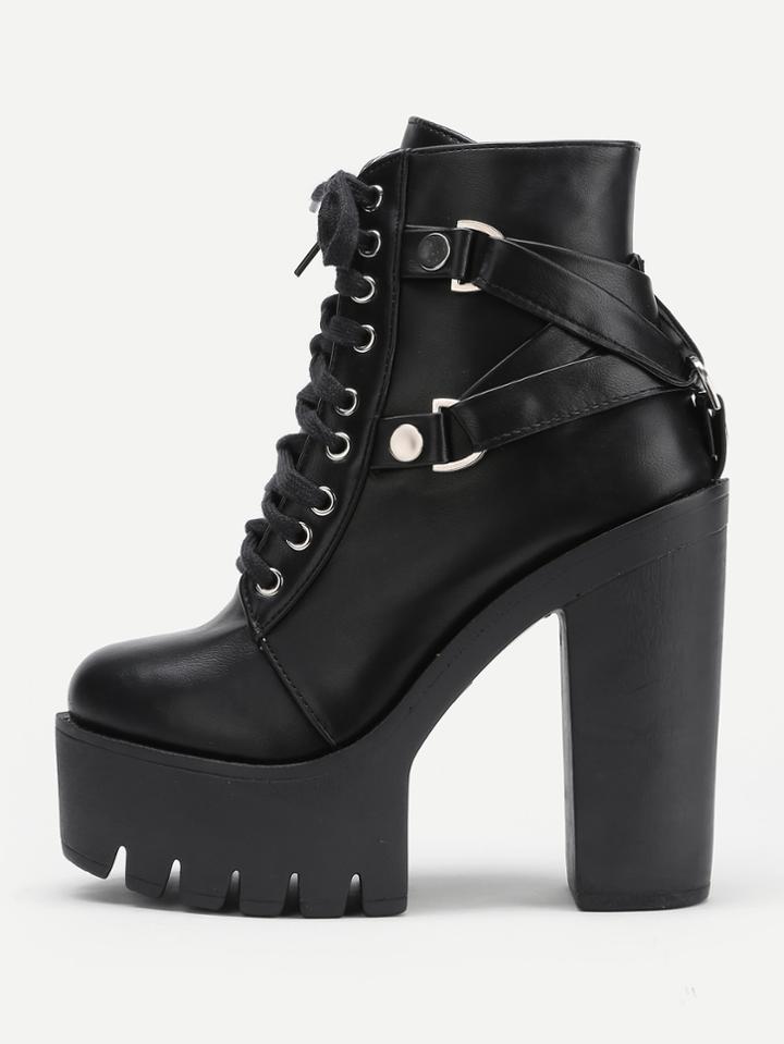 Romwe Side Zipper Platform Heeled Pu Boots