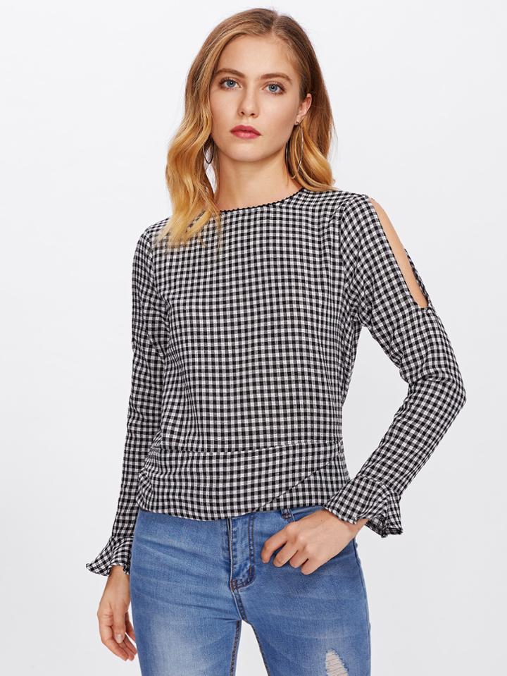 Romwe Open Shoulder Ruffle Cuff Gingham Blouse