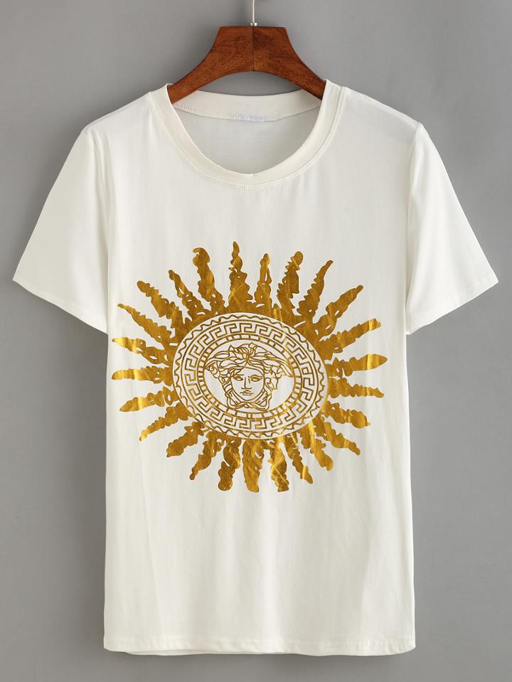 Romwe Gold Portrait Print T-shirt