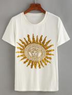 Romwe Gold Portrait Print T-shirt