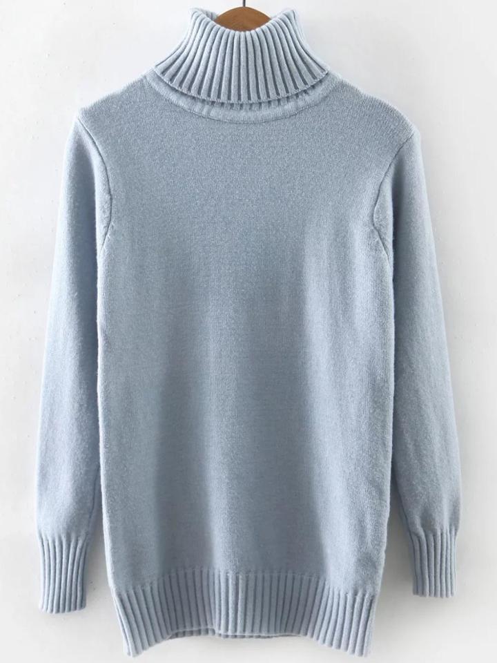 Romwe Blue Turtleneck Ribbed Trim Sweater