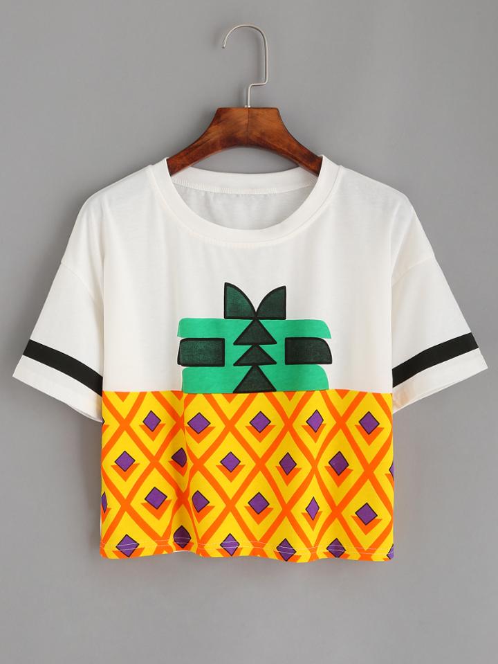 Romwe White Striped Sleeve Pineapple Print Crop T-shirt