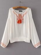 Romwe White Floral Embroidery Raglan Sleeve Blouse With Tie Neck