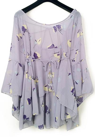 Romwe Bell Sleeve Cute Print Chiffon Top