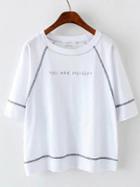 Romwe White Letter Embroidery Casual T-shirt
