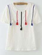 Romwe White Short Sleeve Ribbon Tassels T-shirt