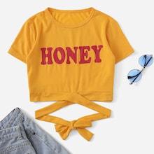 Romwe Letter Print Cross Tie Detail Crop Tee
