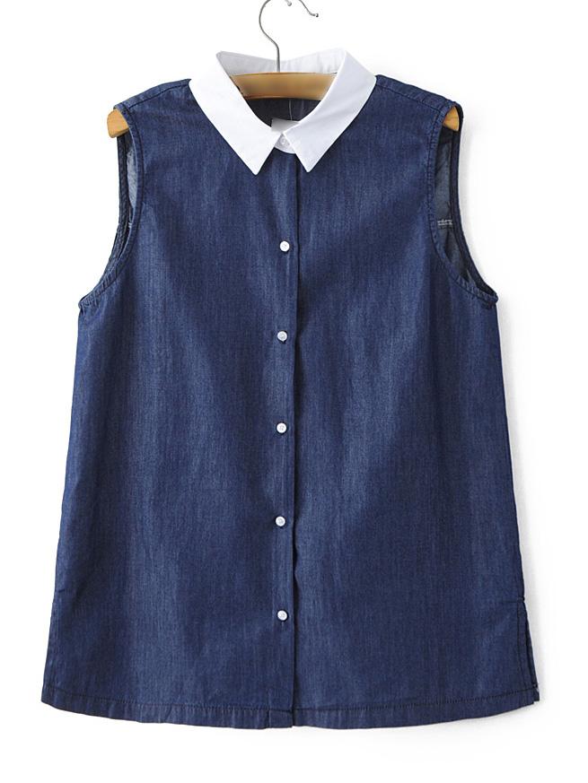 Romwe Navy Sleeveless Lapel Split Side Denim Blouse