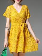 Romwe Yellow V Neck Tie-waist Lace Dress
