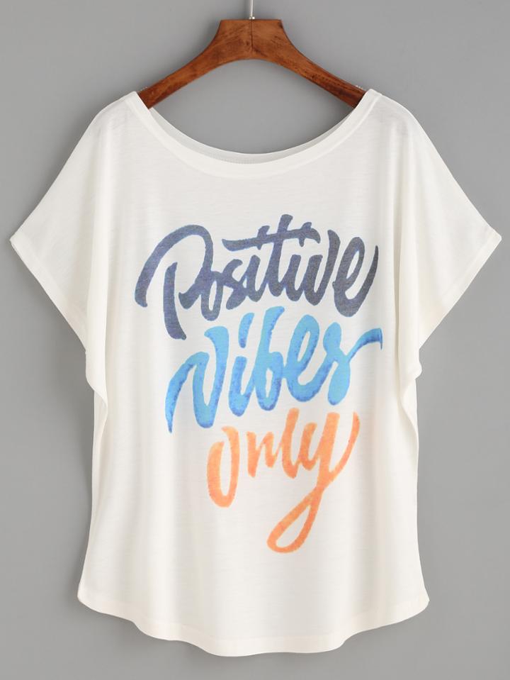 Romwe White Letters Print Batwing T-shirt