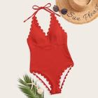 Romwe Scallop Trim Ribbed Halter One Piece Swimsuit
