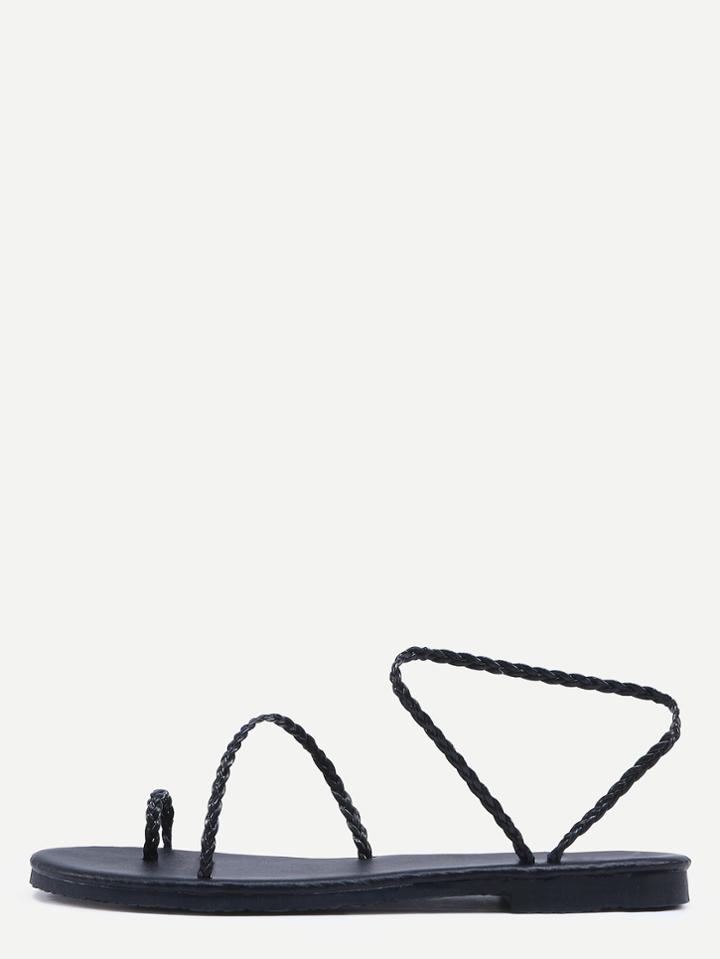 Romwe Black Ring Toe Braided Strappy Sandals