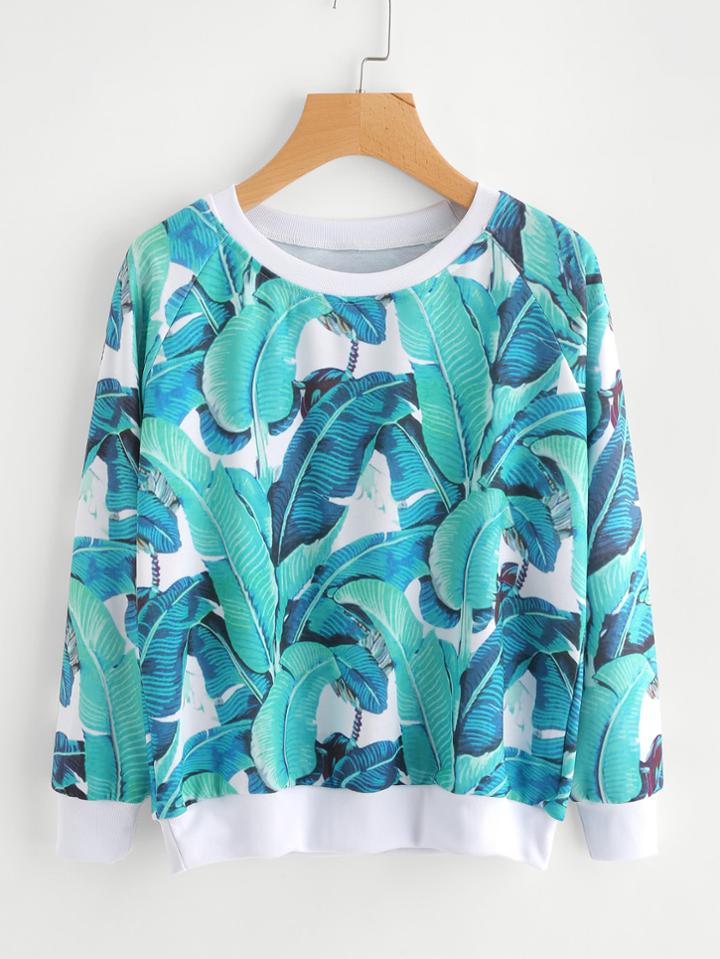 Romwe Leave Printed Contrast Trim Sweatshirt