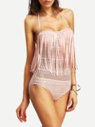 Romwe Halter Lace Insert Fringe One-piece Swimwear - Nude