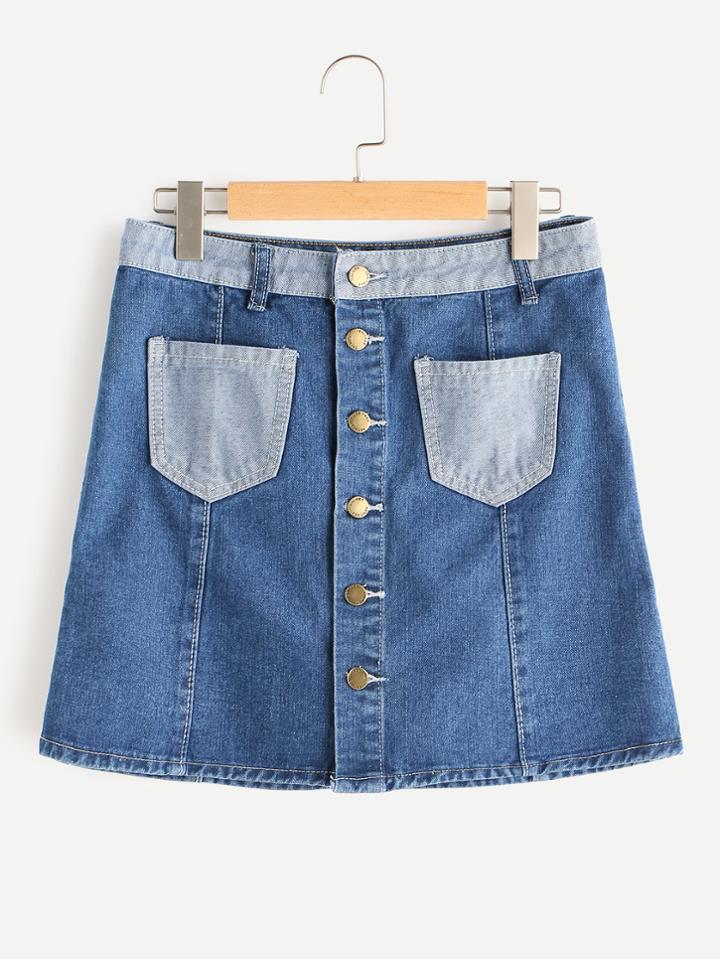 Romwe Single Breasted Contrast Dual Pockets A Line Skirt