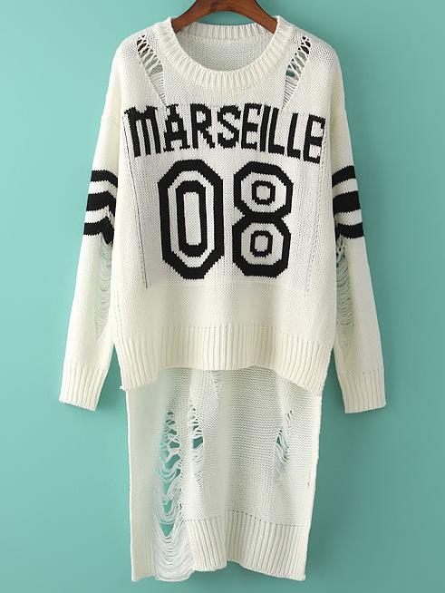 Romwe Letter Print Ripped High Low Sweater