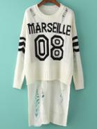 Romwe Letter Print Ripped High Low Sweater