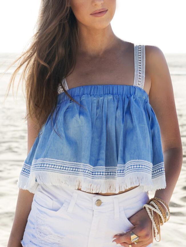 Romwe Lace Tape Strap Fringe Swing Top