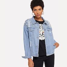 Romwe Pearls Beaded Ripped Denim Jacket