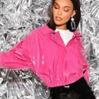 Romwe Neon Pink Drawstring Collar Faux Patent Jacket