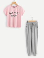 Romwe Graphic Tee And Heathered Sweatpants Pj Set