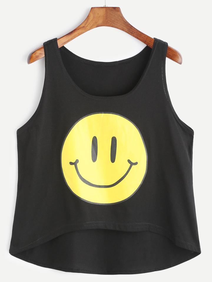 Romwe Black Emoji Print Dip Hem Tank Top