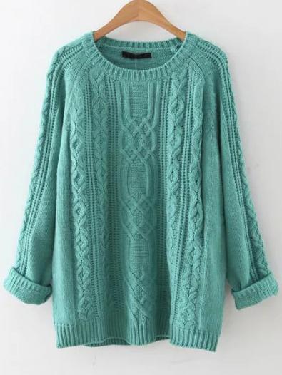 Romwe Blue Cable Knit Raglan Sleeve Sweater