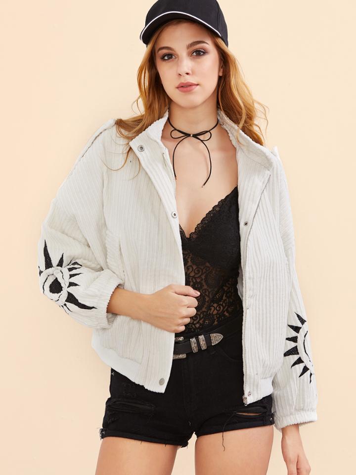 Romwe White Corduroy Drop Shoulder Sleeve Embroidered Zipper Jacket