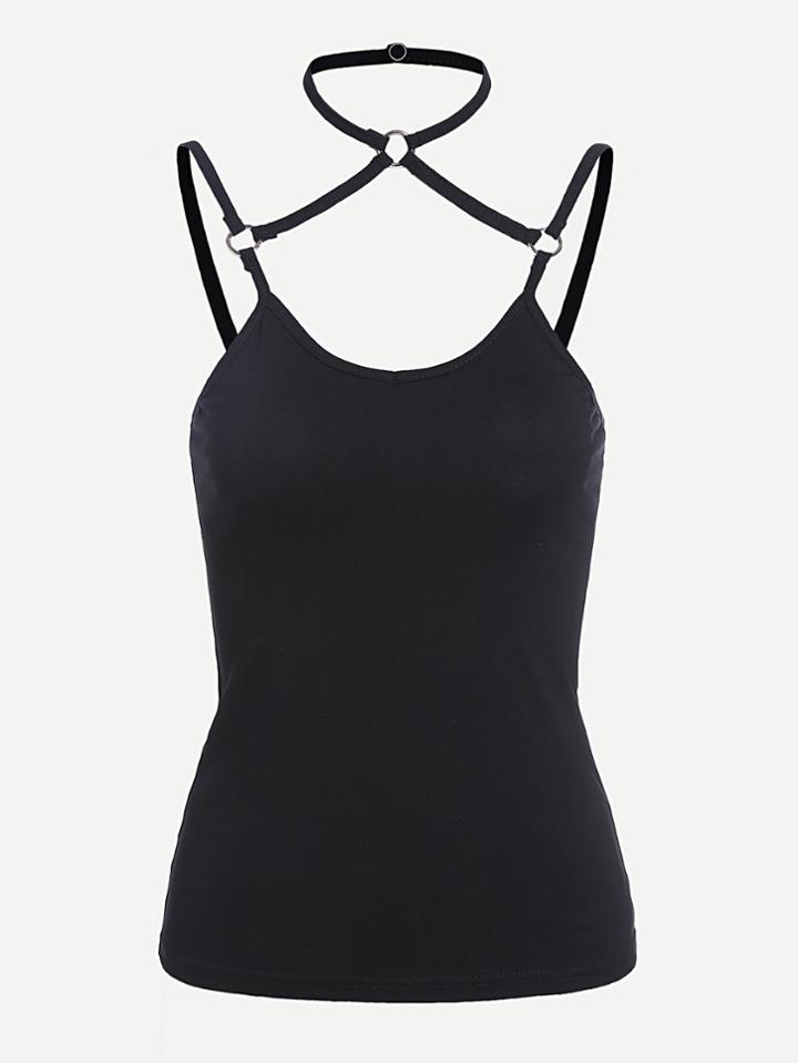 Romwe Halter Neck Ring Strappy Detail Cami Top