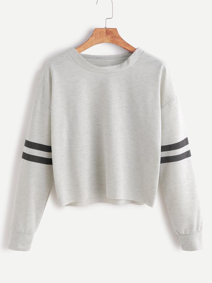 Romwe Heather Grey Drop Shoulder Varsity Striped Crop T-shirt