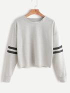 Romwe Heather Grey Drop Shoulder Varsity Striped Crop T-shirt