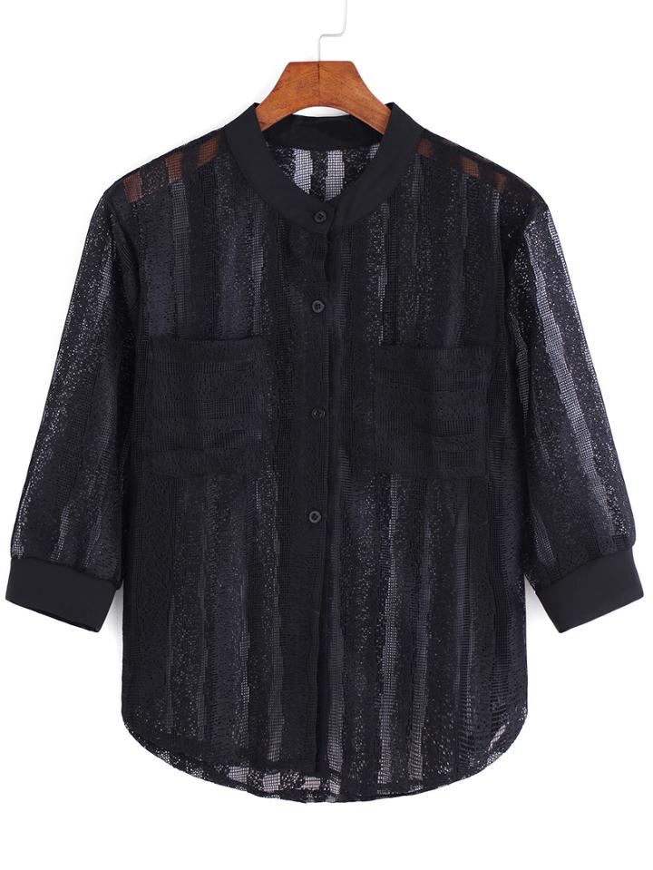 Romwe Hollow Button-down Pockets Blouse