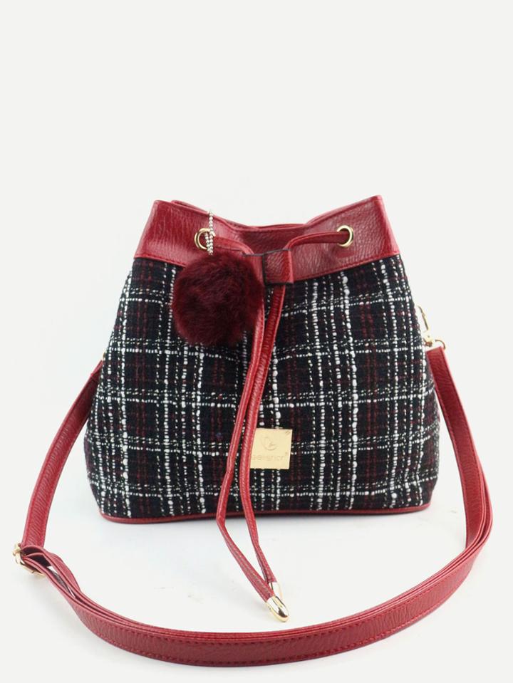 Romwe Red Plaid Random Color Pom Pom Drawstring Bucket Bag