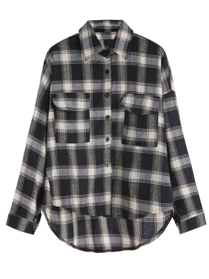 Romwe Black White Plaid Drop Shoulder Dip Hem Pockets Shirt