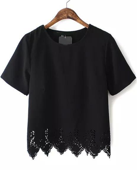 Romwe Black Short Sleeve Lace Hem Chiffon T-shirt