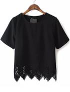 Romwe Black Short Sleeve Lace Hem Chiffon T-shirt