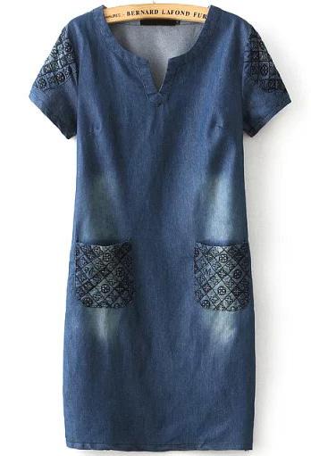 Romwe Navy Short Sleeve Bleached Embroidered Denim Dress